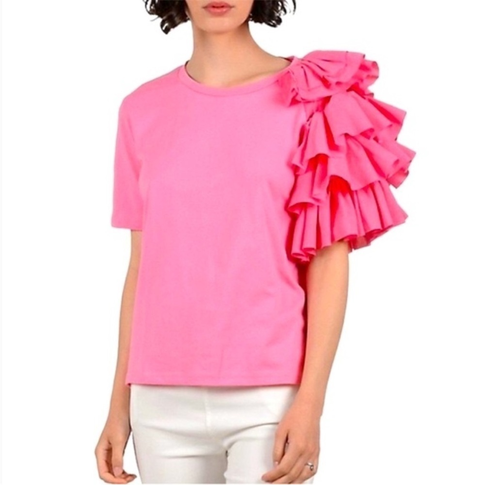 Molly Bracken Pink One-Shoulder Ruffle Tee